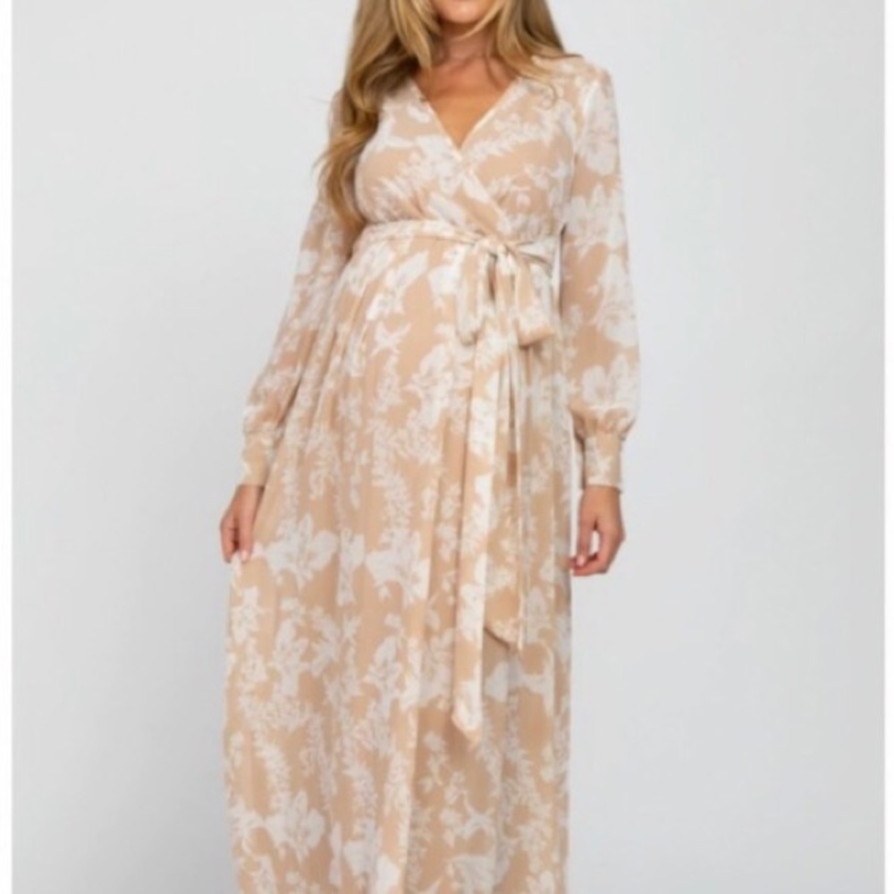 Taupe Floral Maternity Long Sleeve Maxi Dress